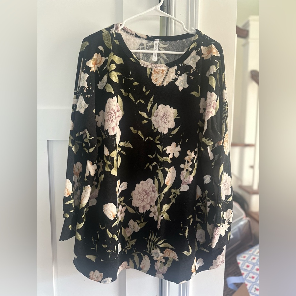 Floral Black Blouse with Pink and Green Details